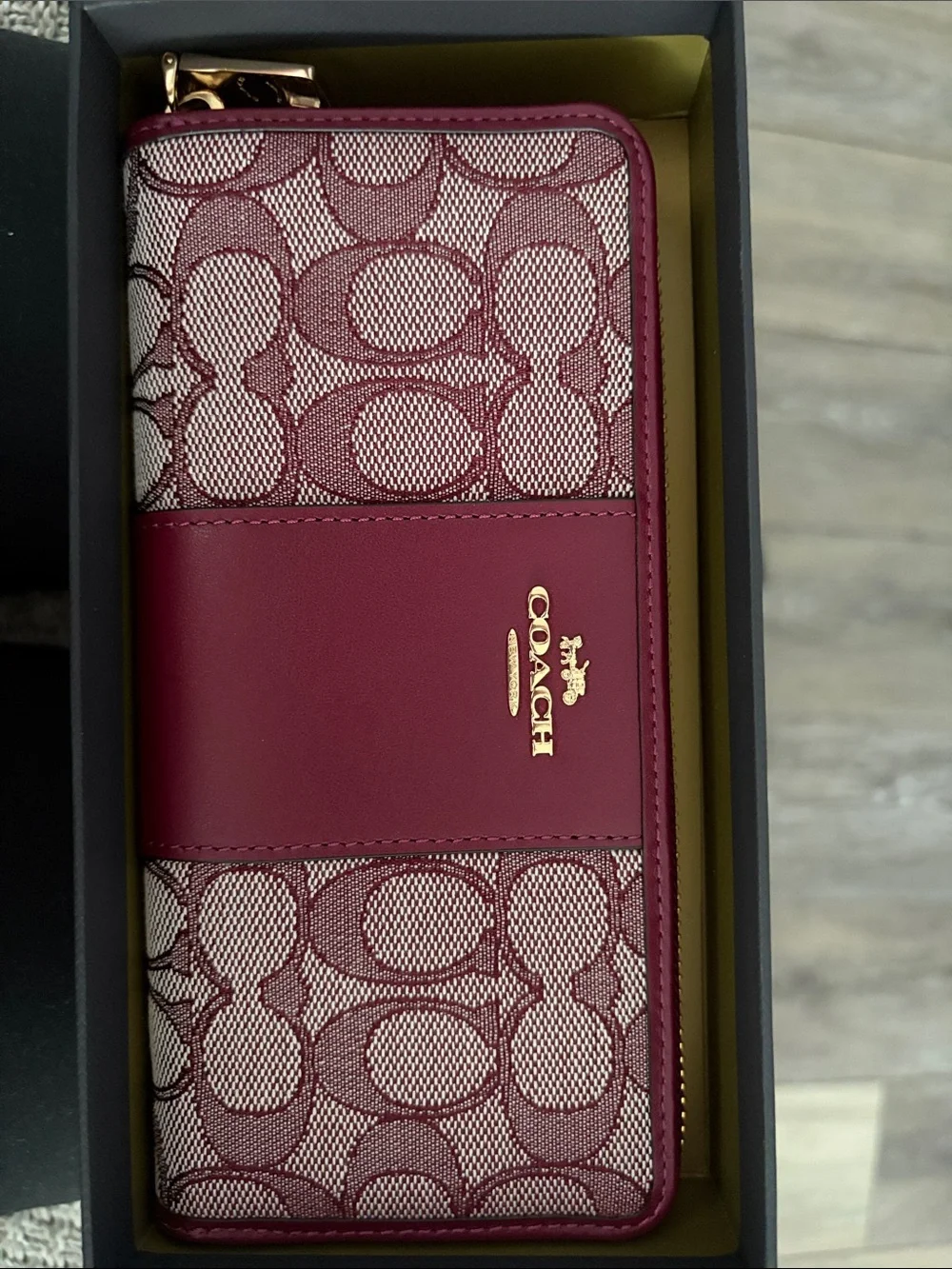 Coach Wine Signature Zip Wallet with Gold Hardware